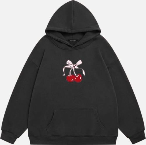 Kadın Cherry Baskılı Kapüşonlu İçi Polarlı Oversize Sweatshirt Füme L