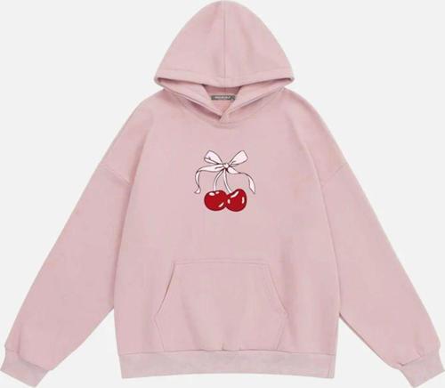 Kadın Cherry Baskılı Kapüşonlu İçi Polarlı Oversize Sweatshirt Pembe 2XL