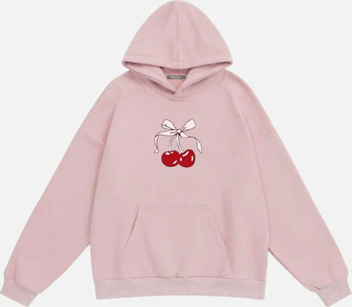 Kadın Cherry Baskılı Kapüşonlu İçi Polarlı Oversize Sweatshirt Pembe M