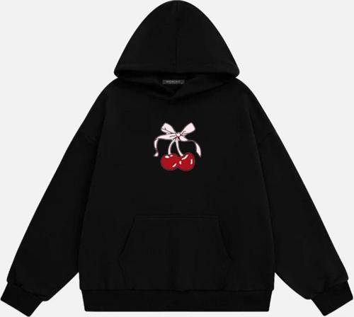 Kadın Cherry Baskılı Kapüşonlu İçi Polarlı Oversize Sweatshirt Siyah 2XL