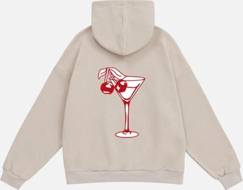 Kadın Cherry Coctail Baskılı Kapüşonlu Polarlı Oversize Sweatshirt Bej 2XL