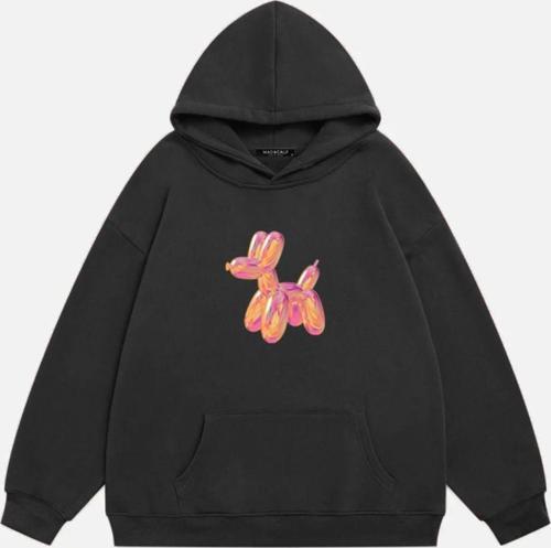 Kadın Baloon Dog Baskılı Kapüşonlu Polarlı Oversize Sweatshirt Füme M