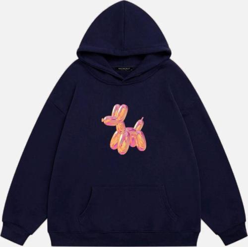 Kadın Baloon Dog Baskılı Kapüşonlu Polarlı Oversize Sweatshirt Lacivert 2XL