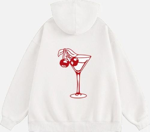 Kadın Cherry Coctail Baskılı Kapüşonlu Polarlı Oversize Sweatshirt Ekru 2XL