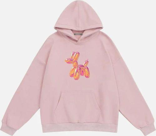 Kadın Baloon Dog Baskılı Kapüşonlu Polarlı Oversize Sweatshirt Pembe 2XL