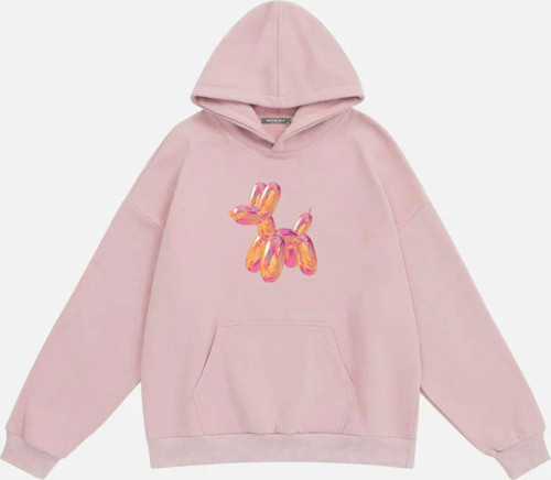 Kadın Baloon Dog Baskılı Kapüşonlu Polarlı Oversize Sweatshirt Pembe S