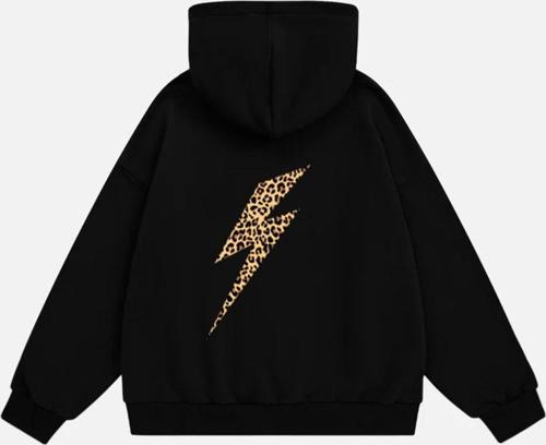 Kadın Leo Thunder Baskılı Kapüşonlu Polarlı Oversize Sweatshirt Siyah 2XL