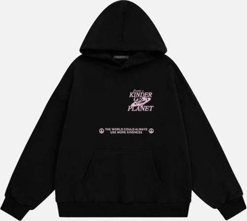 Kadın Kinder Planet Baskılı Kapüşonlu Polarlı Oversize Sweatshirt Siyah M