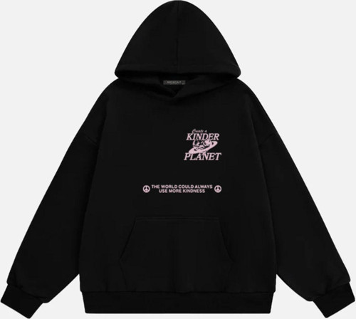 Kadın Kinder Planet Baskılı Kapüşonlu Polarlı Oversize Sweatshirt Siyah S