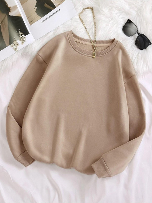 Kadın Basic 0 Sıfır Yaka Baskısız Düz Oversize Salaş Bol Kesim Polar Sweatshirt Bej 2XL