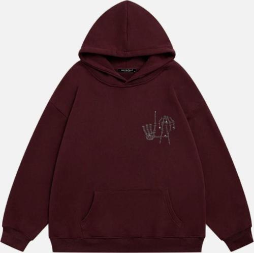 Kadın La Finger Sign Taş Baskılı Kapüşonlu Polarlı Oversize Sweatshirt Bordo 2XL