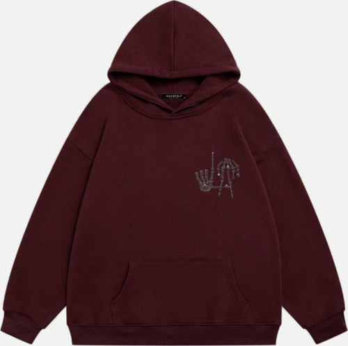 Kadın La Finger Sign Taş Baskılı Kapüşonlu Polarlı Oversize Sweatshirt Bordo XL