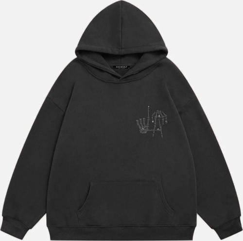 Kadın La Finger Sign Taş Baskılı Kapüşonlu Polarlı Oversize Sweatshirt Füme 2XL