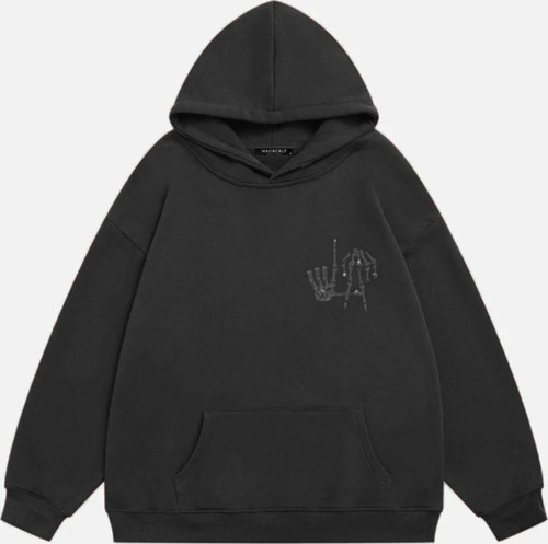 Kadın La Finger Sign Taş Baskılı Kapüşonlu Polarlı Oversize Sweatshirt Füme M