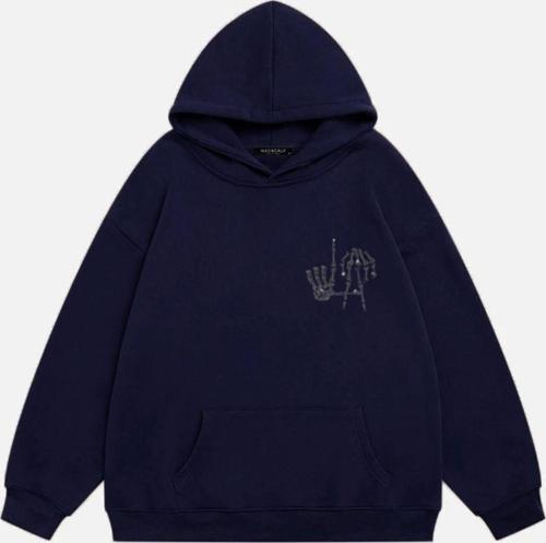 Kadın La Finger Sign Taş Baskılı Kapüşonlu Polarlı Oversize Sweatshirt Lacivert 2XL