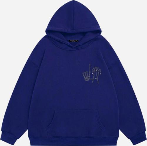 Kadın La Finger Sign Taş Baskılı Kapüşonlu Polarlı Oversize Sweatshirt Saks 2XL