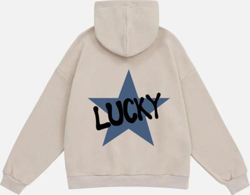 Kadın Lucky Baskılı Kapüşonlu Polarlı Oversize Sweatshirt Bej XL