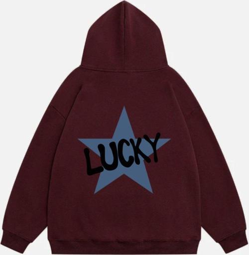 Kadın Lucky Baskılı Kapüşonlu Polarlı Oversize Sweatshirt Bordo 2XL