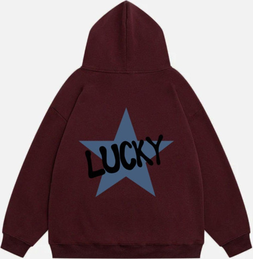 Kadın Lucky Baskılı Kapüşonlu Polarlı Oversize Sweatshirt Bordo S