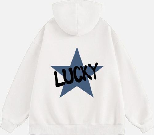 Kadın Lucky Baskılı Kapüşonlu Polarlı Oversize Sweatshirt Ekru 2XL