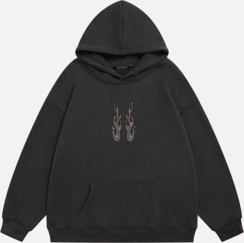 Kadın Flame Taş Baskılı Kapüşonlu Polarlı Oversize Sweatshirt Füme S