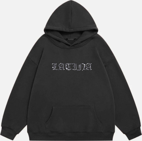 Kadın Latina Taş Baskılı Kapüşonlu Polarlı Oversize Sweatshirt Füme M
