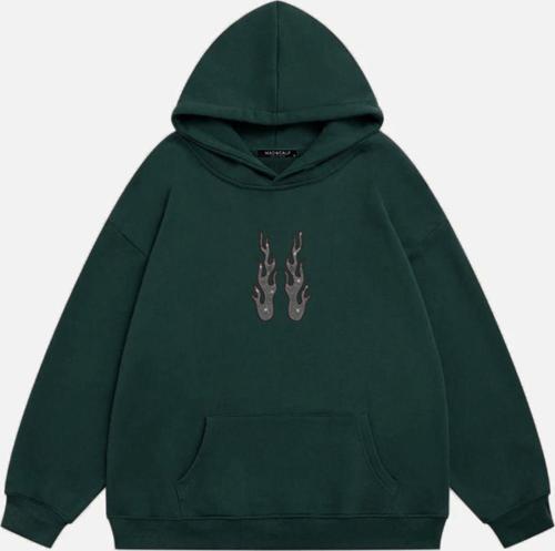 Kadın Flame Taş Baskılı Kapüşonlu Polarlı Oversize Sweatshirt Koyu Yeşil 2XL