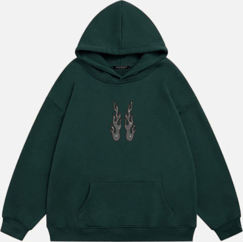 Kadın Flame Taş Baskılı Kapüşonlu Polarlı Oversize Sweatshirt Koyu Yeşil L