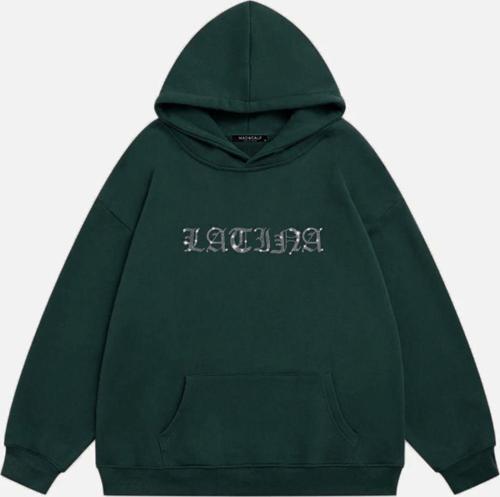 Kadın Latina Taş Baskılı Kapüşonlu Polarlı Oversize Sweatshirt Koyu Yeşil 2XL