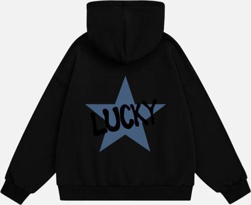 Kadın Lucky Baskılı Kapüşonlu Polarlı Oversize Sweatshirt Siyah 2XL