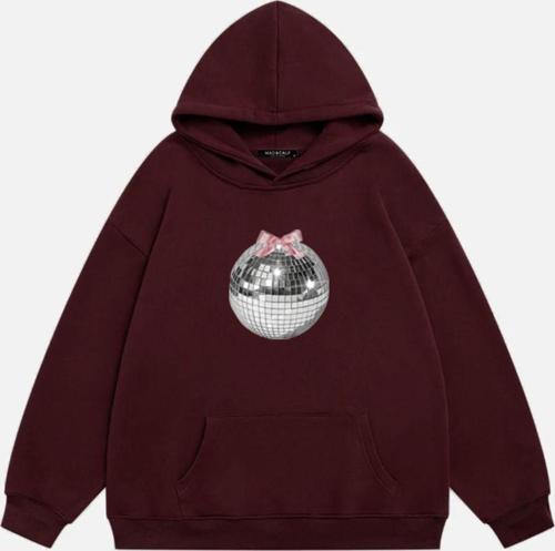 Kadın Mirror Ball Baskılı Kapüşonlu Polarlı Oversize Sweatshirt Bordo L