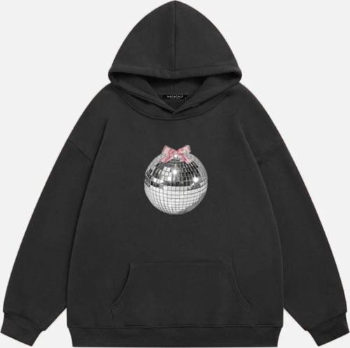Kadın Mirror Ball Baskılı Kapüşonlu Polarlı Oversize Sweatshirt Füme 2XL