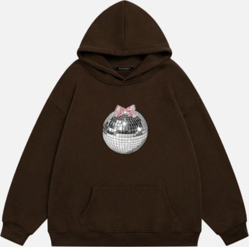 Kadın Mirror Ball Baskılı Kapüşonlu Polarlı Oversize Sweatshirt Kahverengi S