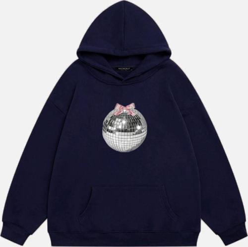 Kadın Mirror Ball Baskılı Kapüşonlu Polarlı Oversize Sweatshirt Lacivert 2XL