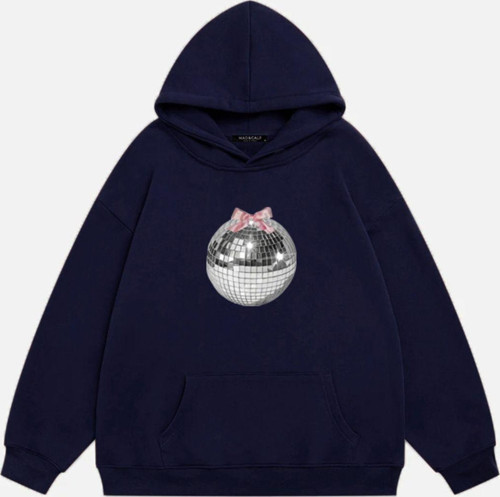 Kadın Mirror Ball Baskılı Kapüşonlu Polarlı Oversize Sweatshirt Lacivert XL
