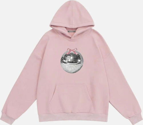 Kadın Mirror Ball Baskılı Kapüşonlu Polarlı Oversize Sweatshirt Pembe 2XL
