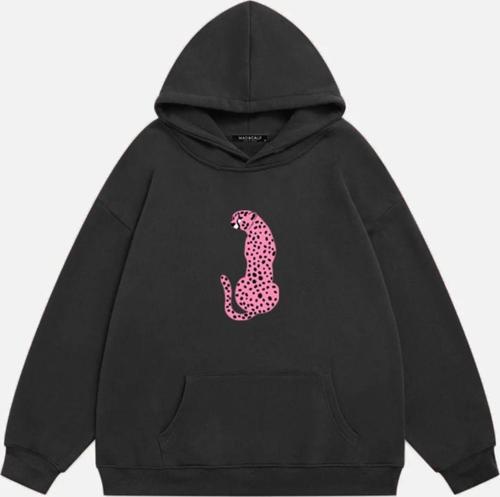 Kadın Pink Leopard Baskılı Kapüşonlu Polarlı Oversize Sweatshirt Füme XL