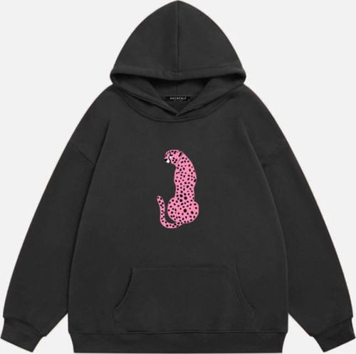 Kadın Pink Leopard Baskılı Kapüşonlu Polarlı Oversize Sweatshirt Füme XS