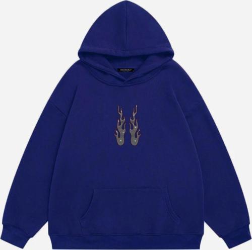 Kadın Flame Taş Baskılı Kapüşonlu Polarlı Oversize Sweatshirt Saks 2XL