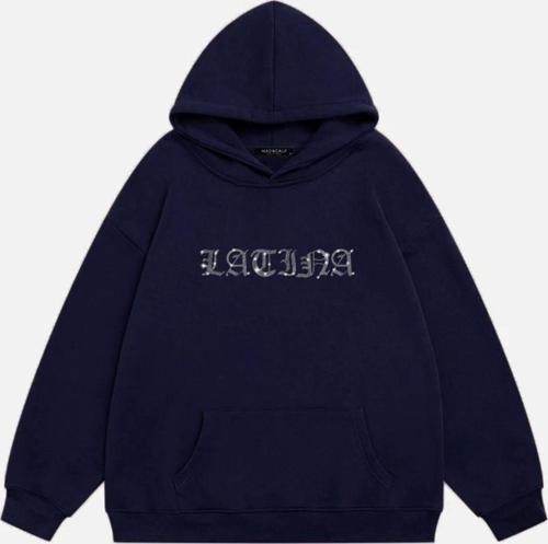 Kadın Latina Taş Baskılı Kapüşonlu Polarlı Oversize Sweatshirt Lacivert M