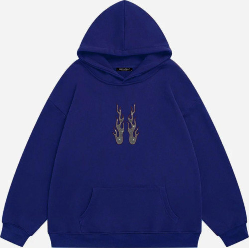 Kadın Flame Taş Baskılı Kapüşonlu Polarlı Oversize Sweatshirt Saks L
