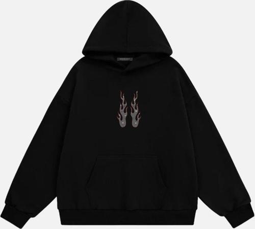 Kadın Flame Taş Baskılı Kapüşonlu Polarlı Oversize Sweatshirt Siyah 2XL