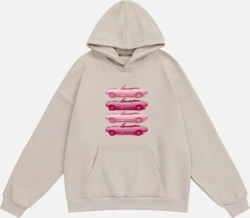 Kadın Pink Cars Baskılı Kapüşonlu Polarlı Oversize Sweatshirt Bej M