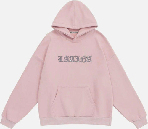 Kadın Latina Taş Baskılı Kapüşonlu Polarlı Oversize Sweatshirt Pembe XS