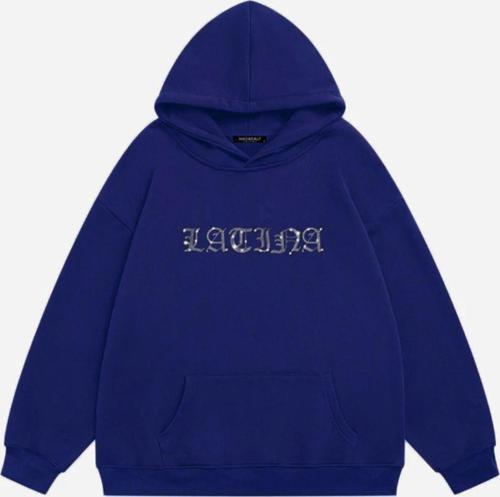 Kadın Latina Taş Baskılı Kapüşonlu Polarlı Oversize Sweatshirt Saks 2XL