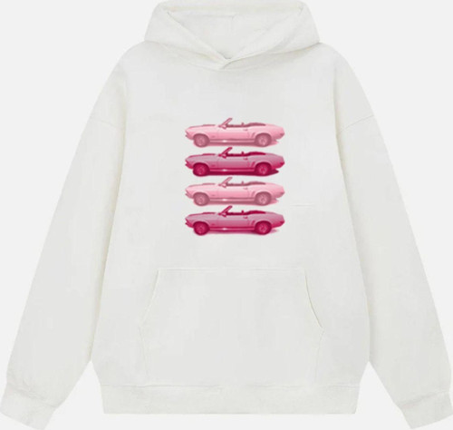 Kadın Pink Cars Baskılı Kapüşonlu Polarlı Oversize Sweatshirt Ekru L