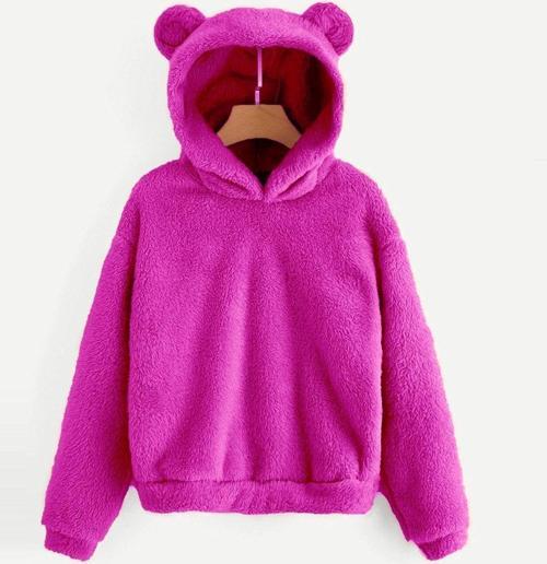 Kadın Fuşya Peluş Düşük Omuz Teddy Kulaklı Kapüşonlu Sweatshirt Fuşya M
