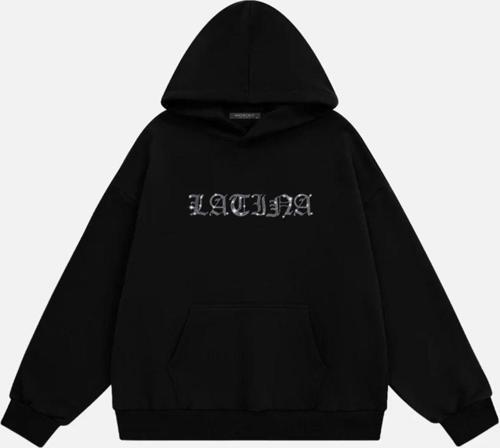 Kadın Latina Taş Baskılı Kapüşonlu Polarlı Oversize Sweatshirt Siyah 2XL