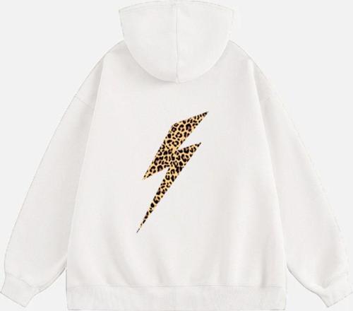 Kadın Leo Thunder Baskılı Kapüşonlu Polarlı Oversize Sweatshirt Ekru 2XL