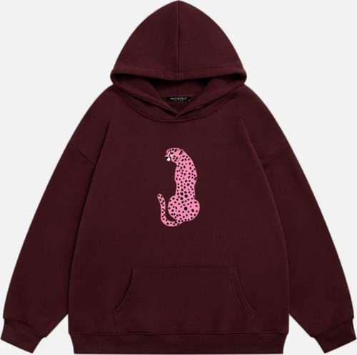 Kadın Pink Leopard Baskılı Kapüşonlu Polarlı Oversize Sweatshirt Bordo M